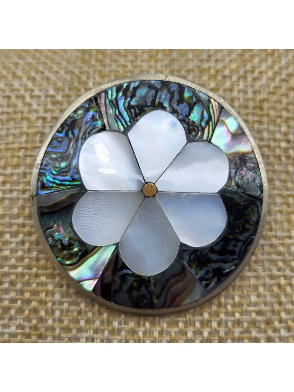 Stunning Vintage Alpaca Mexico Inlay brooch pin Mother of Pearl Abalone Shell